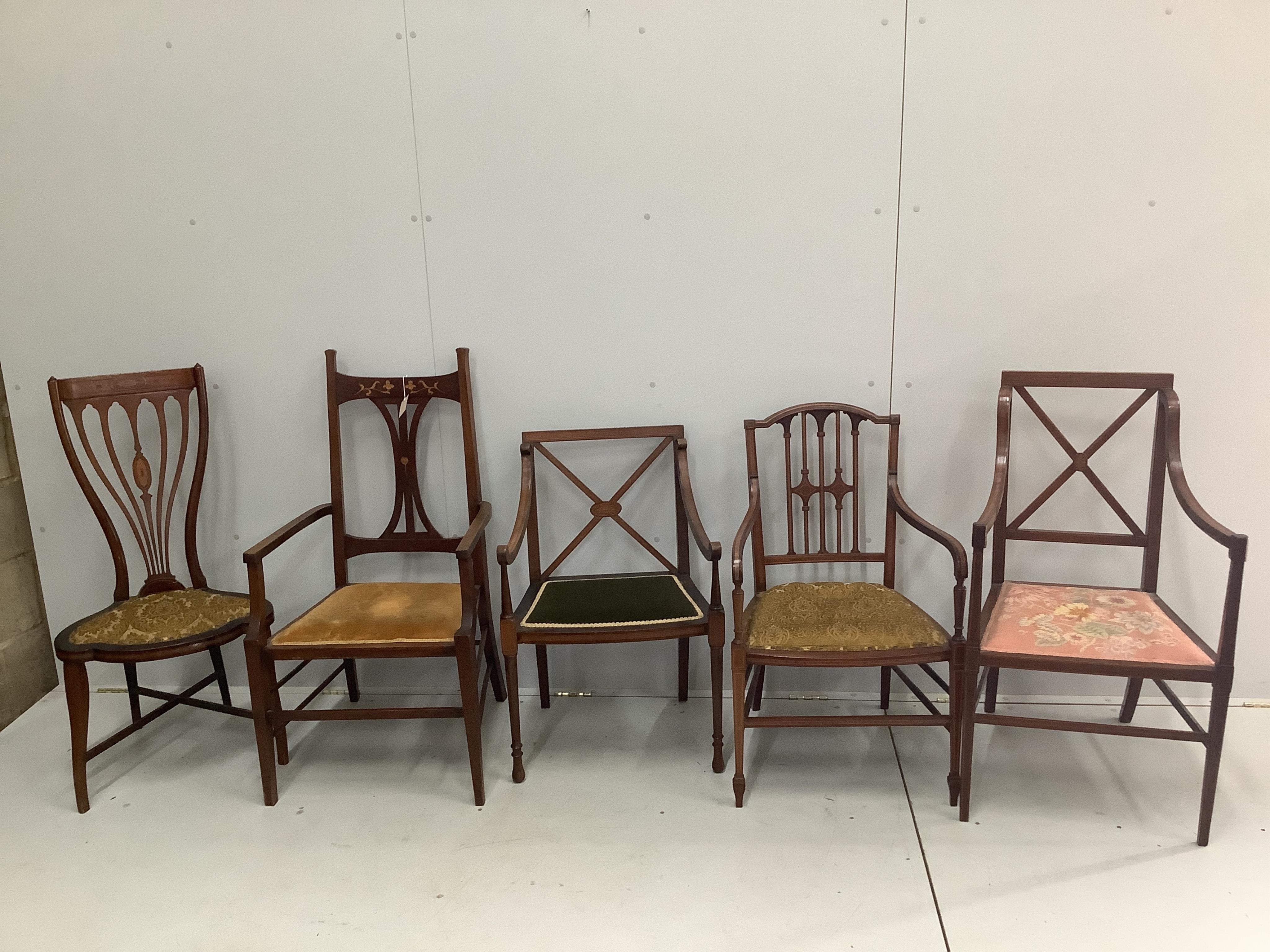 Five Shoolbred Edwardian / Art Nouveau inlaid mahogany side chairs, largest height 102cm. Condition - fair